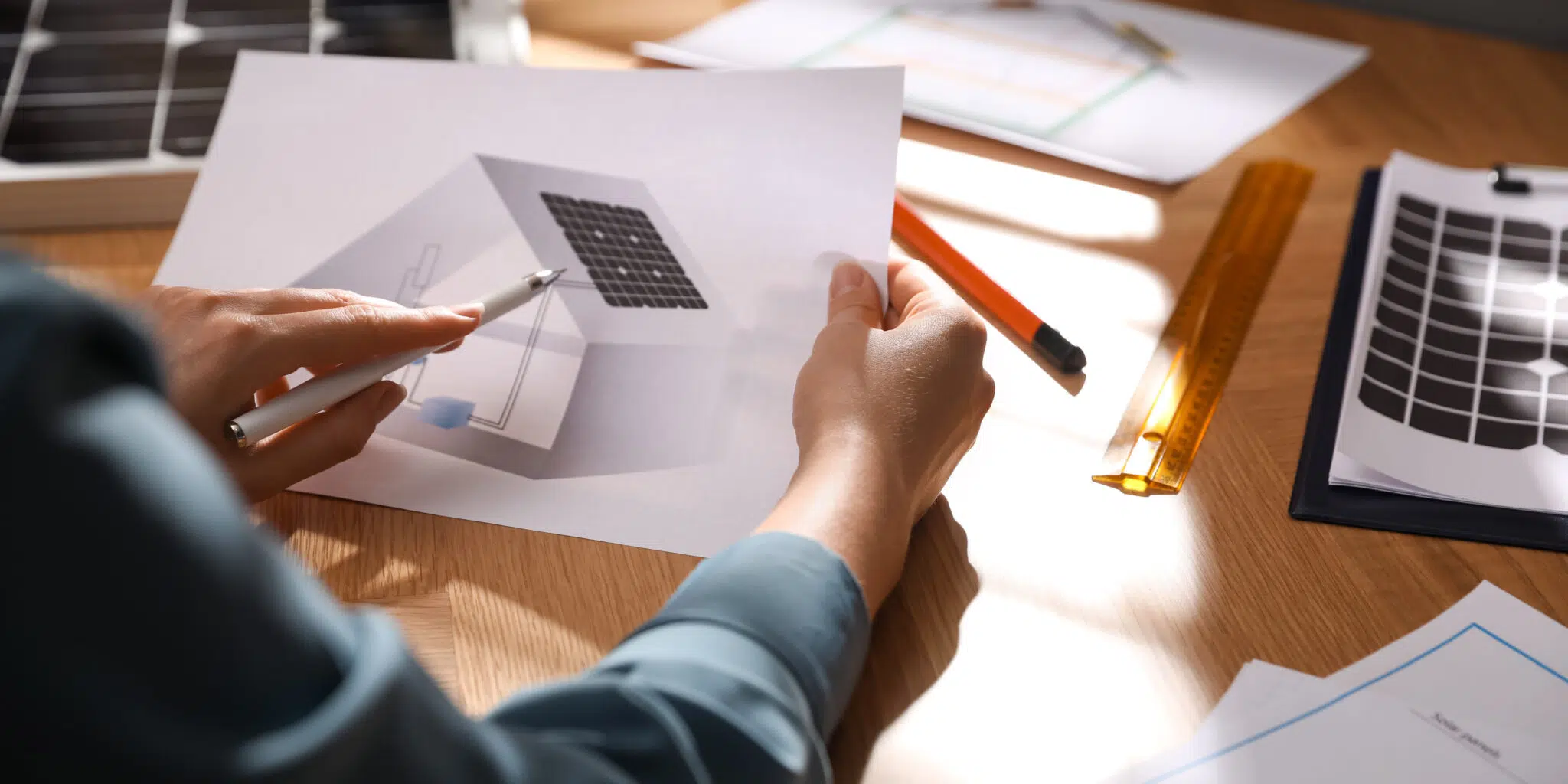 Person plant eine Photovoltaikanlage anhand einer Zeichnung eines Hauses mit Solarmodulen auf dem Dach.
